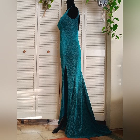 Stunning Teal Glitter Prom Dress with High Slit - Picture 4 of 15
